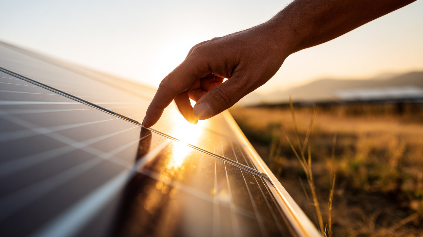 Mano sobre panel solar con luz del sol — energía limpia y sostenible